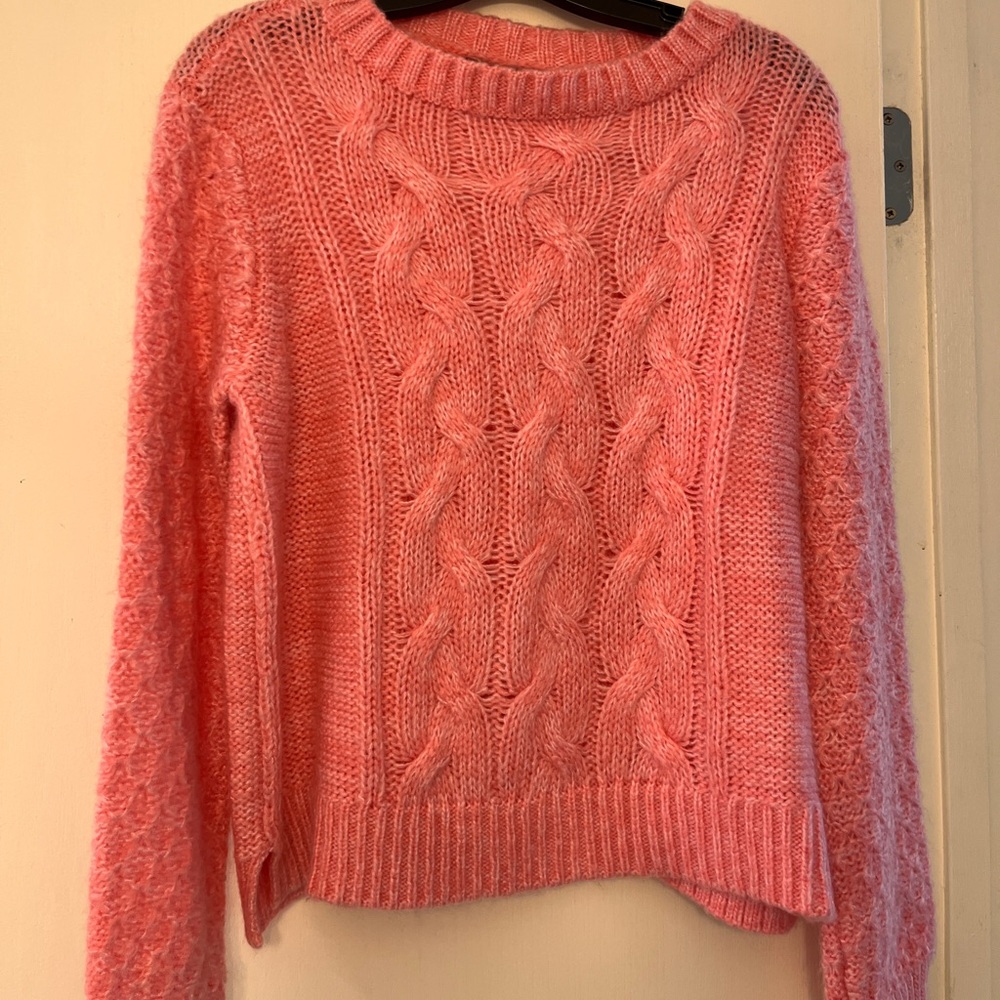 Wooden Ships Wool, Mohair Blend Pink Crew Neck Cable Knit Sweater Sz S/M - Picture 3 of 6